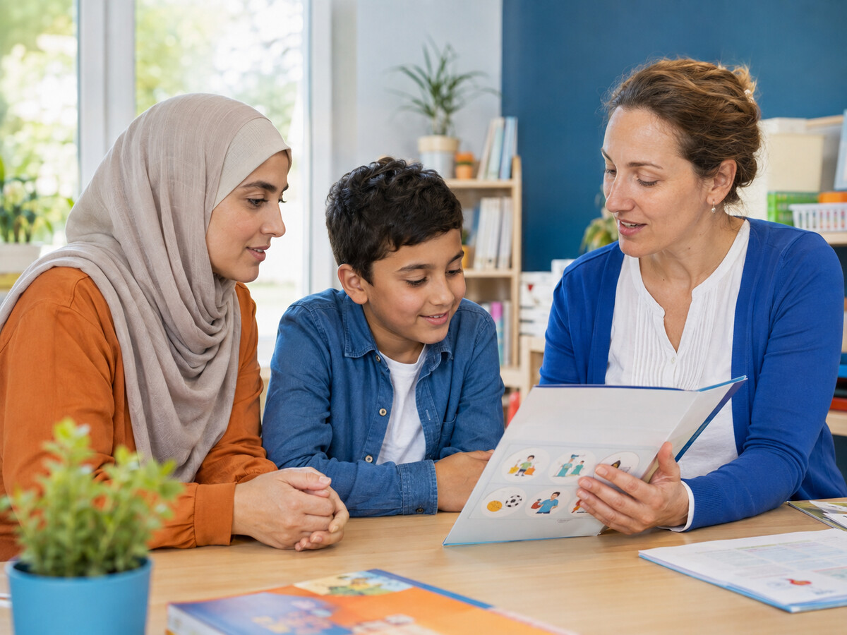 Ouder en kind krijgen uitleg over de nieuwkomersklas