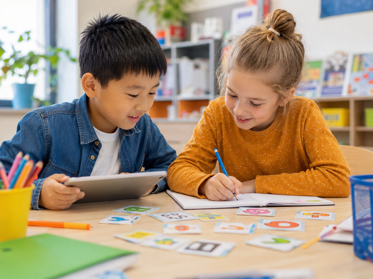 Basisschoolkind oefent Nederlands en rekenen op een tablet
