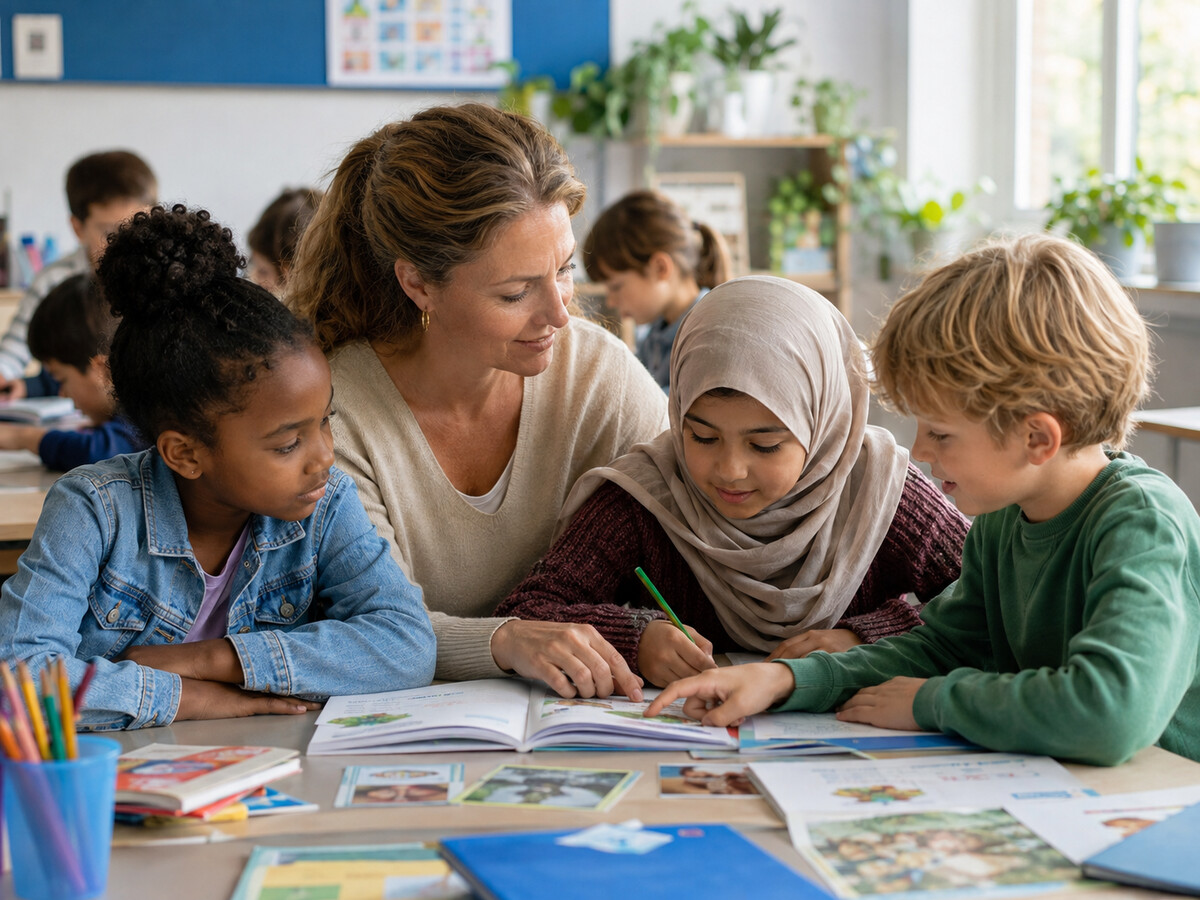 Leerkracht ondersteunt een nieuwkomer in de eigen basisschool