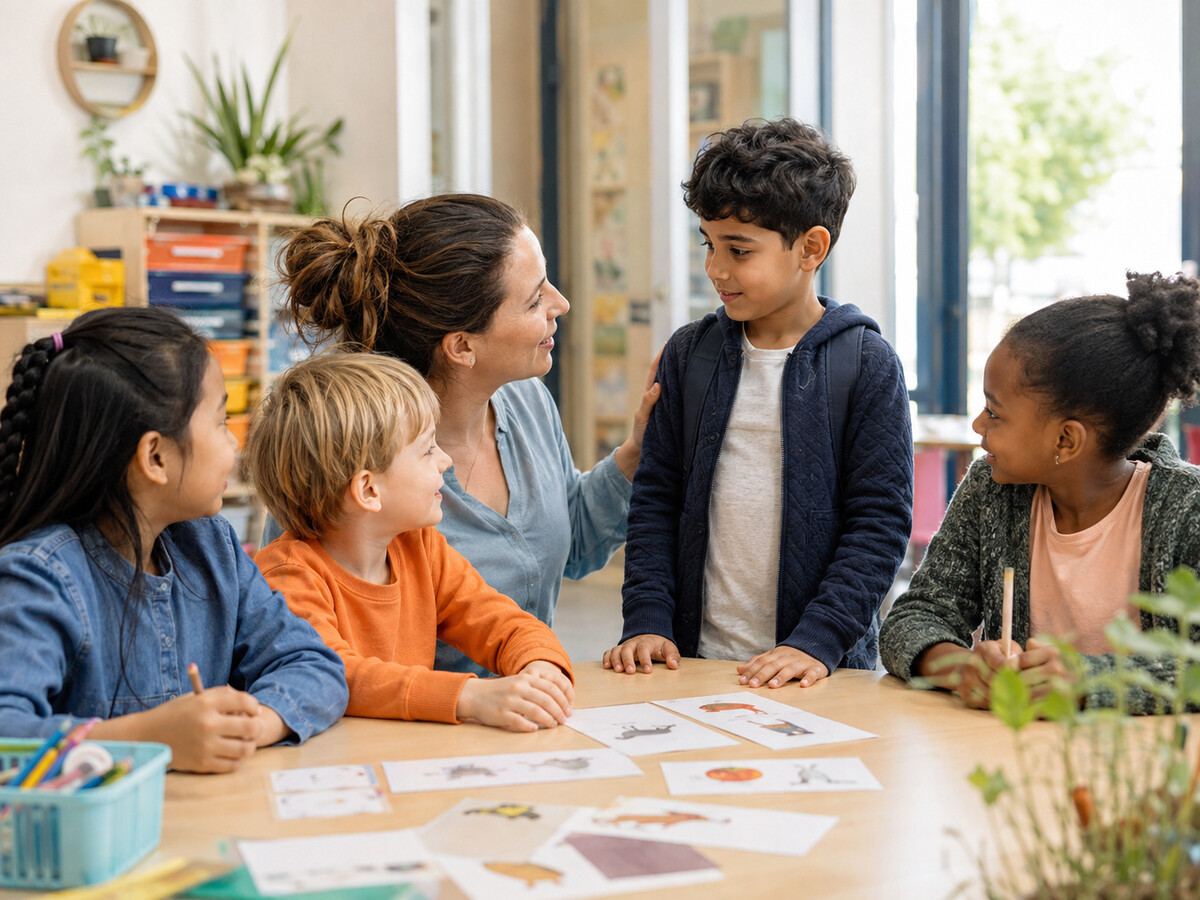 Kinderen van zes tot twaalf jaar leren Nederlands in de nieuwkomersklas